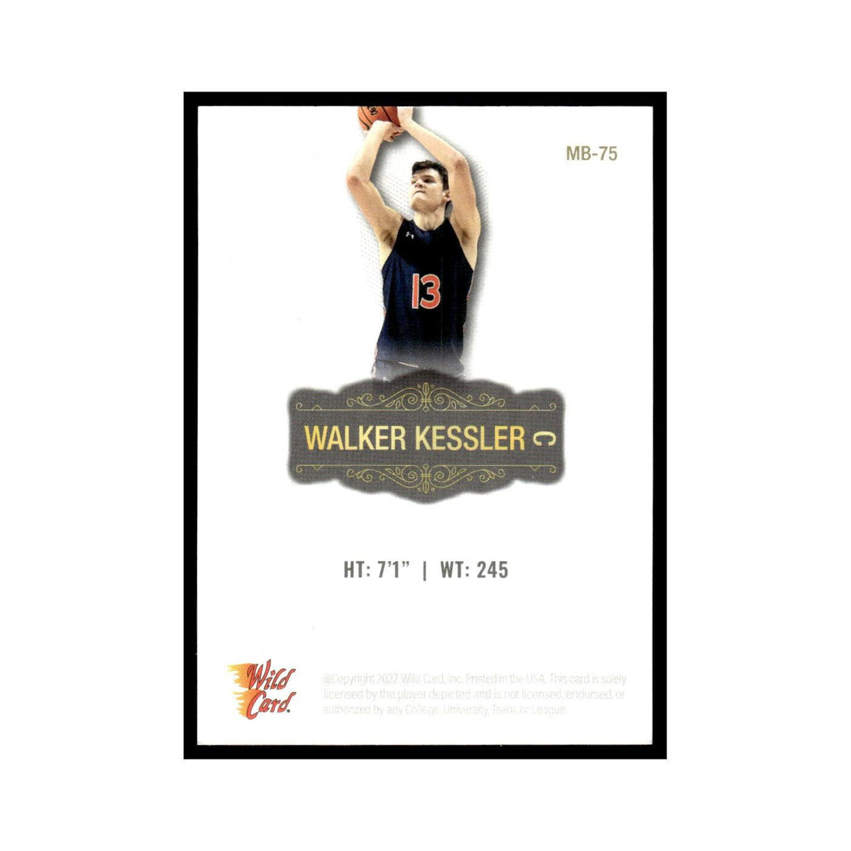 Walker Kessler 2022 Wild Card Matte #MB-75 Auburn Tigers Basketball Card NM