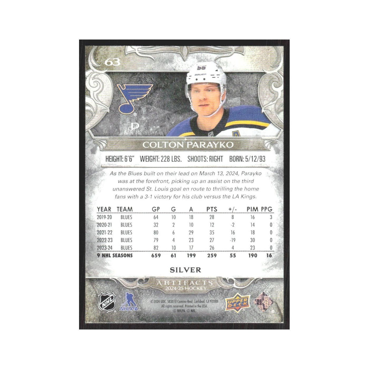 2024 Upper Deck Artifacts Colton Parayko St. Louis Blues #63