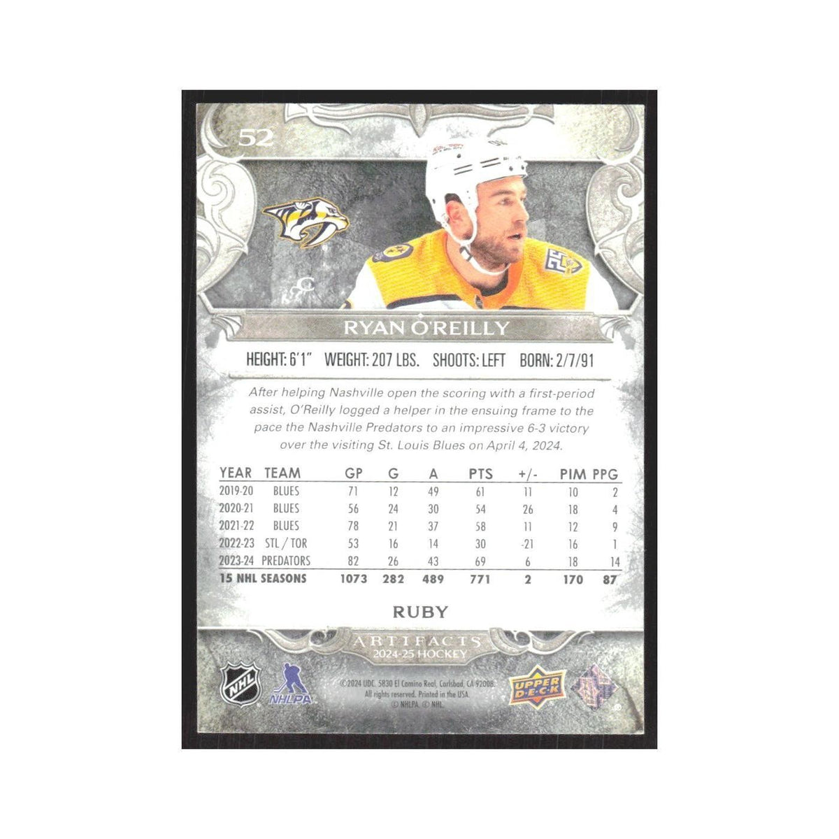 2024 Upper Deck Artifacts Ryan O'Reilly 178/499 Nashville Predators #52