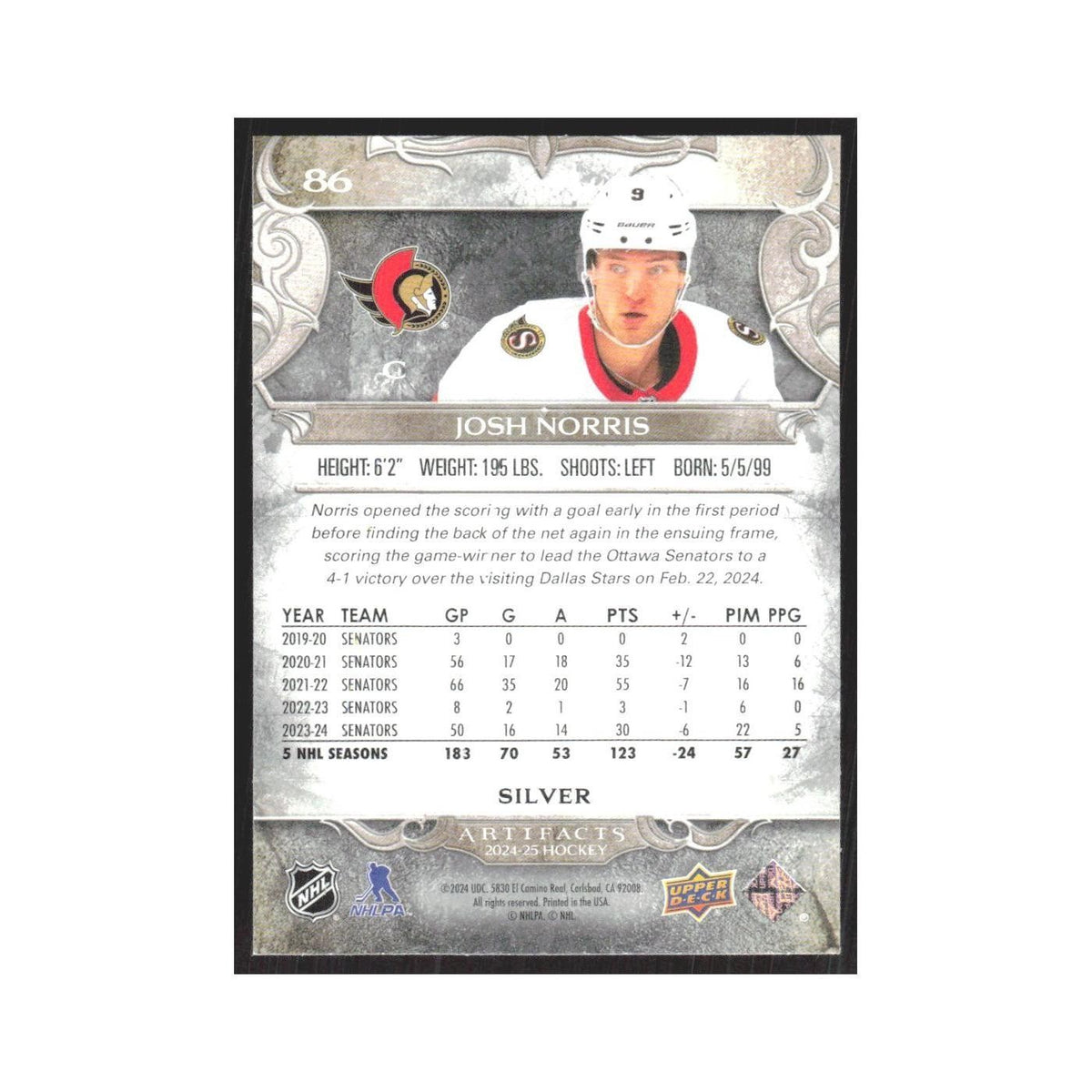 2024 Upper Deck Artifacts Josh Norris Ottawa Senators #86