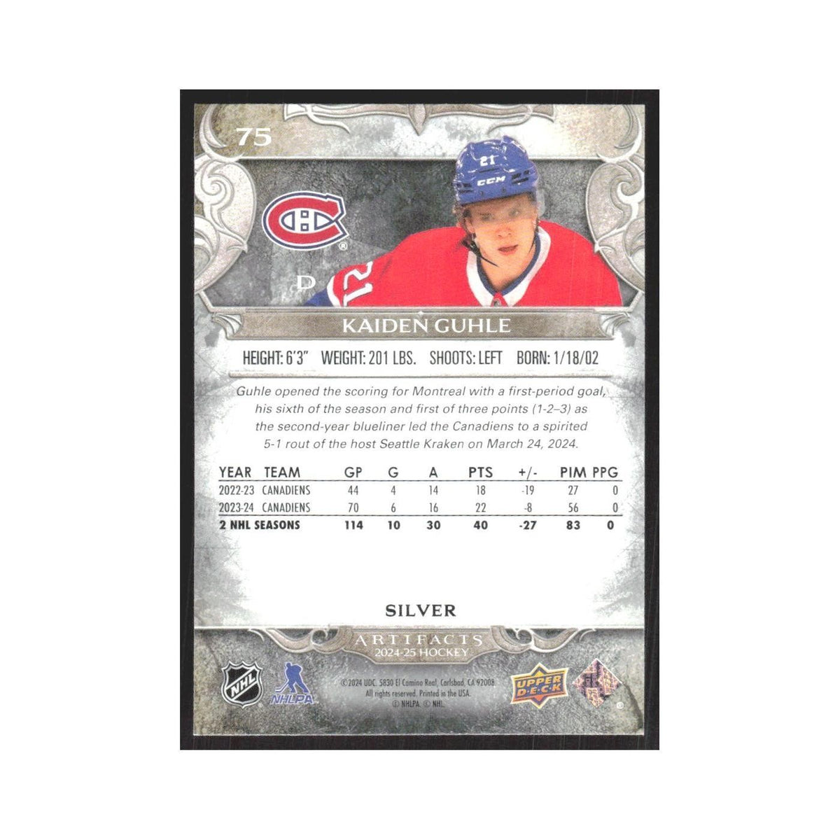 2024 Upper Deck Artifacts Kaiden Guhle Montreal Canadiens #75