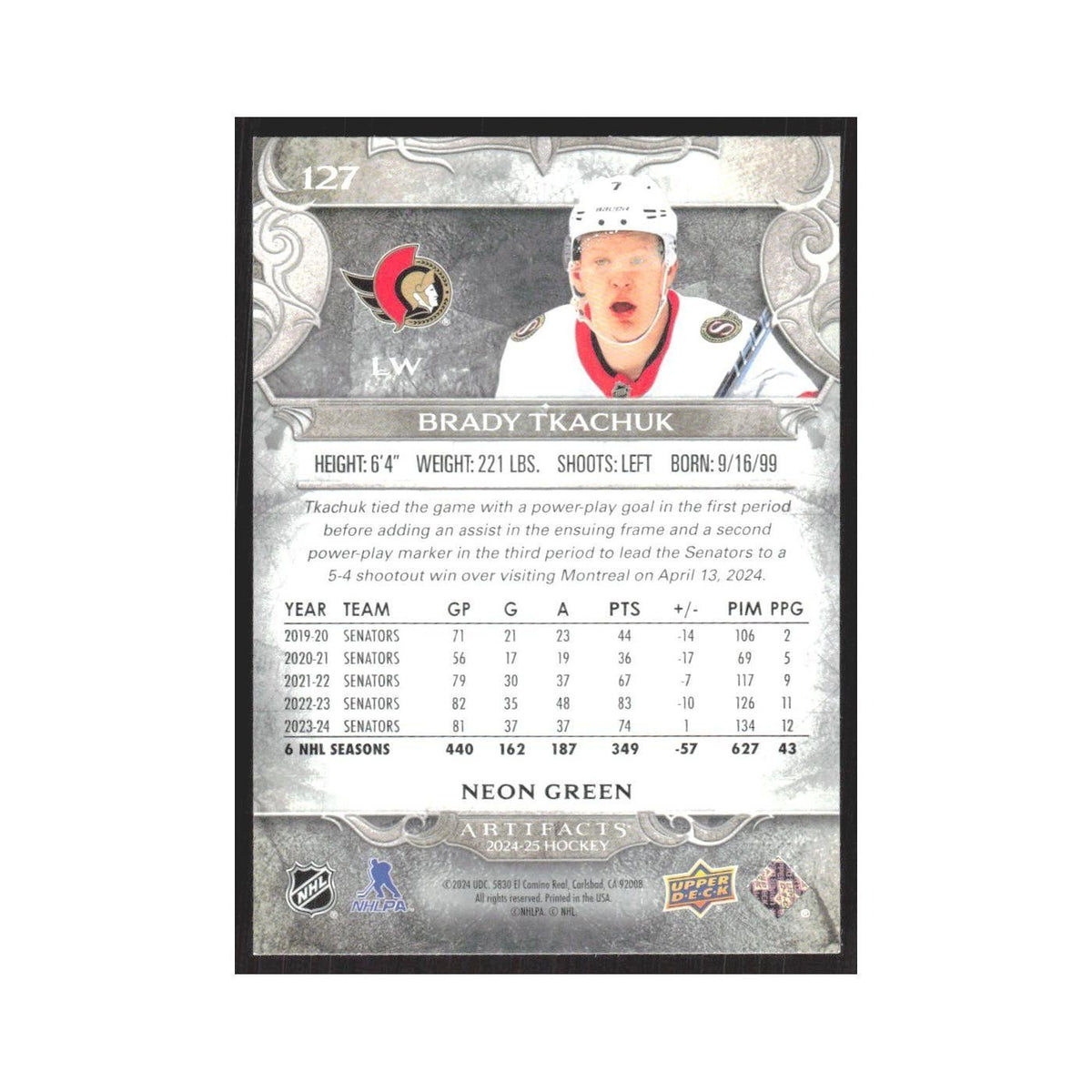 2024 Upper Deck Artifacts Brady Tkachuk Ottawa Senators #127
