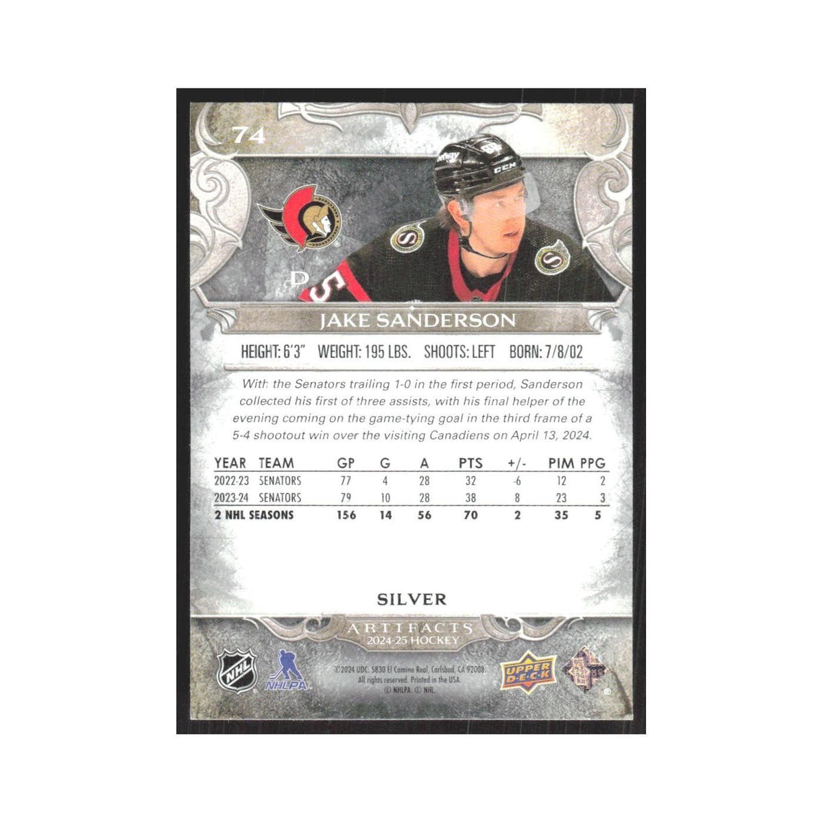 2024 Upper Deck Artifacts Jake Sanderson Ottawa Senators #74