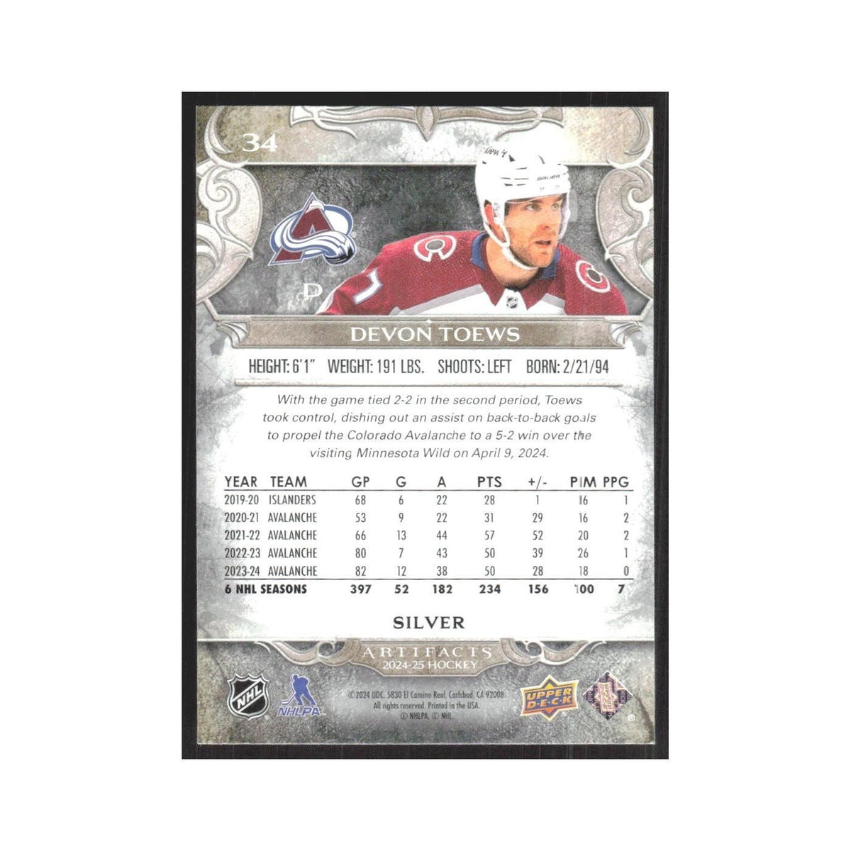 2024 Upper Deck Artifacts Devon Toews Colorado Avalanche #34
