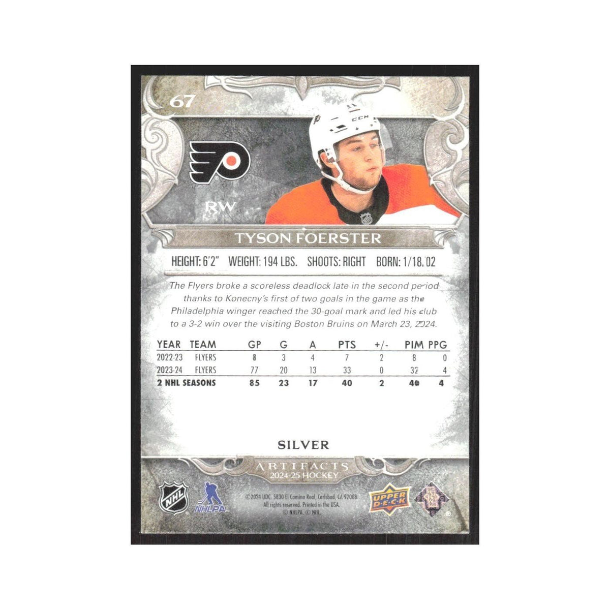 2024 Upper Deck Artifacts Tyson Foerster Philadelphia Flyers #67