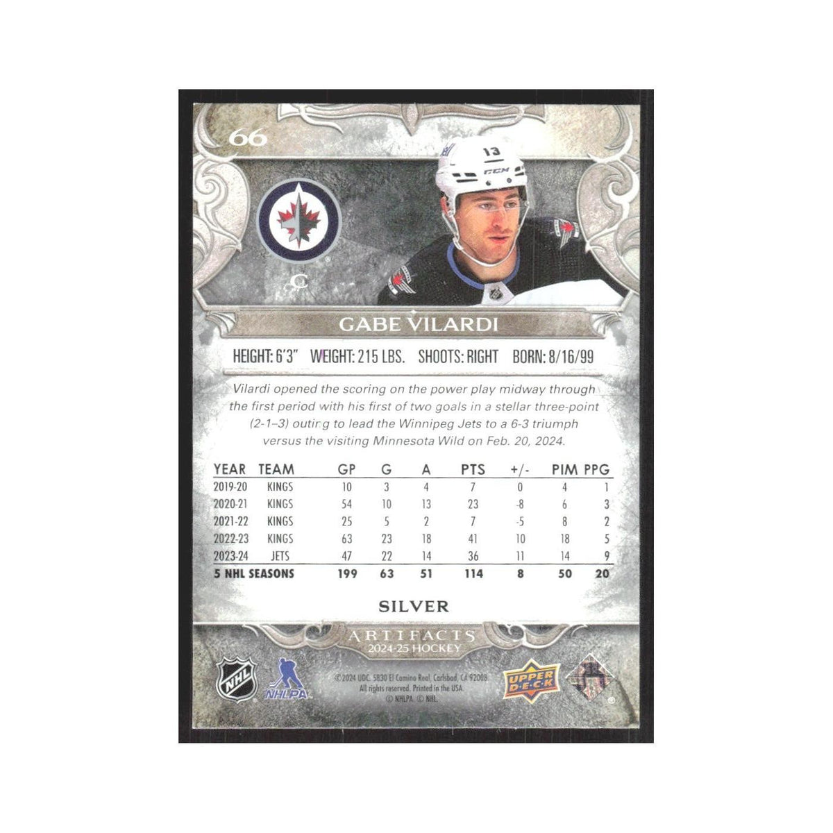 2024 Upper Deck Artifacts Gabe Vilardi Winnipeg Jets #66