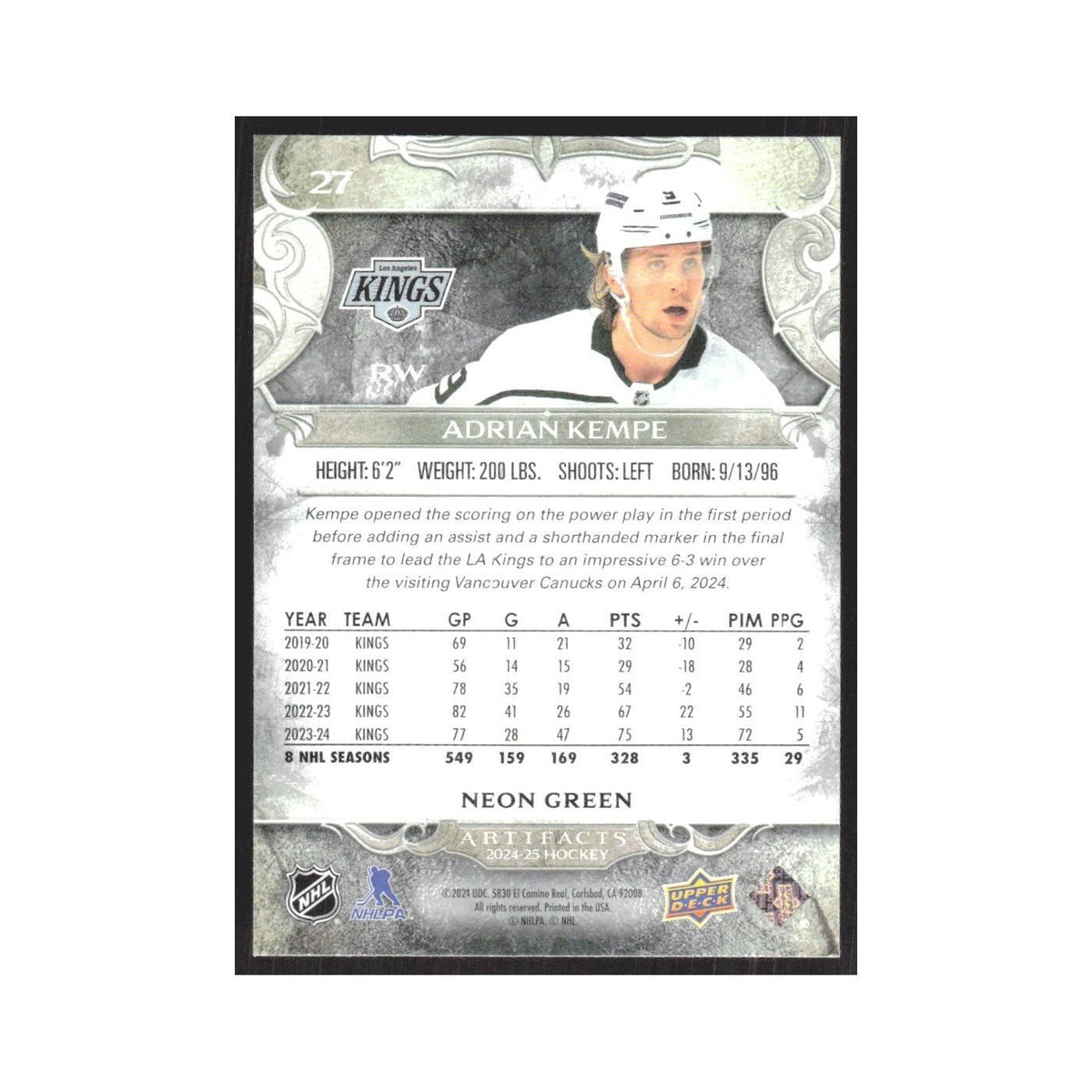 2024 Upper Deck Artifacts Adrian Kempe Los Angeles Kings #27