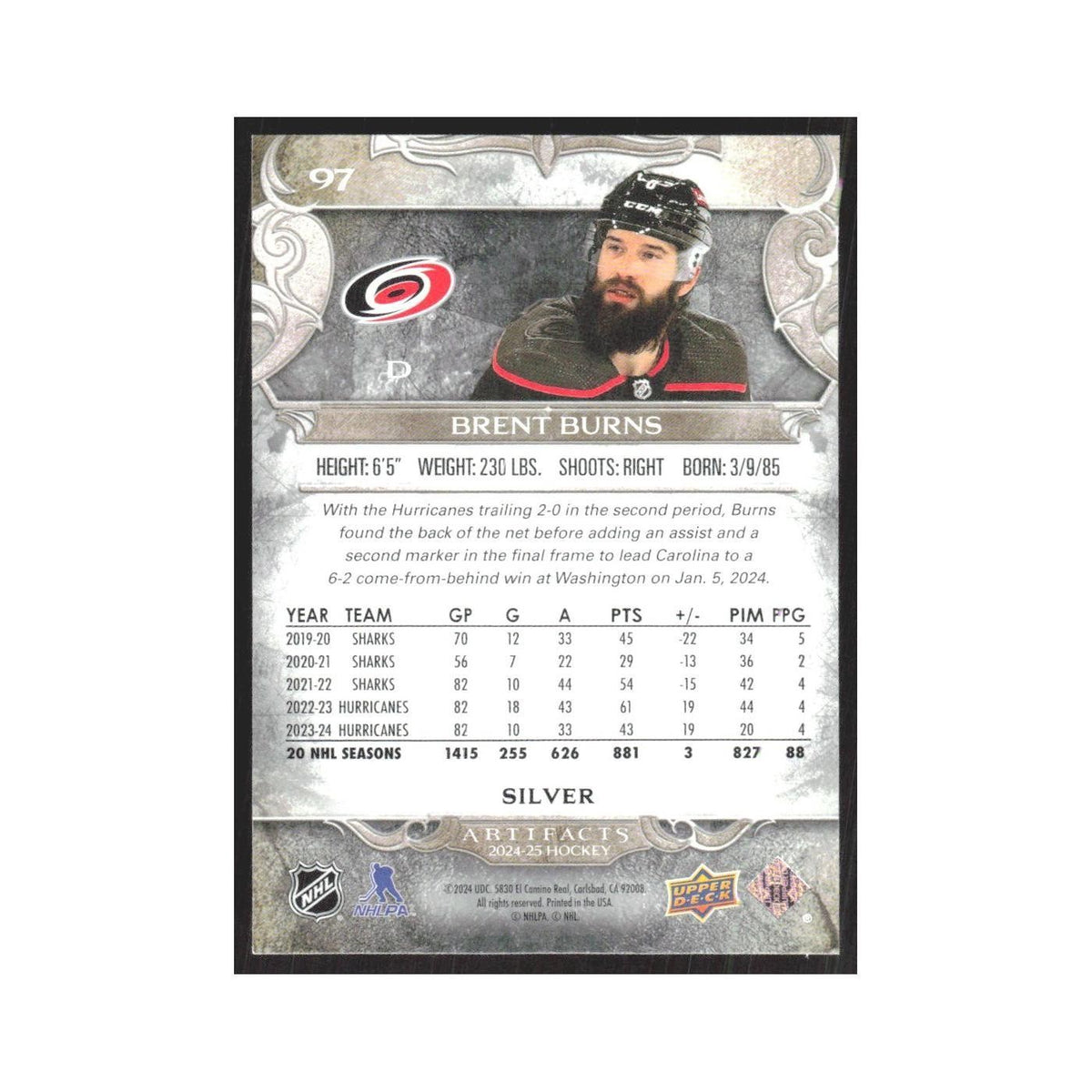 2024 Upper Deck Artifacts Brent Burns Carolina Hurricanes #97