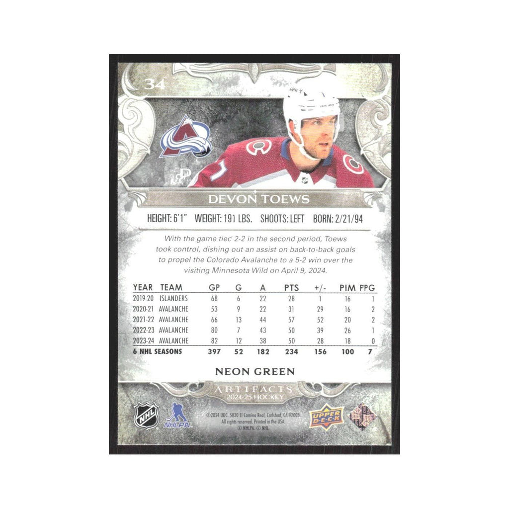 2024 Upper Deck Artifacts Devon Toews Colorado Avalanche #34