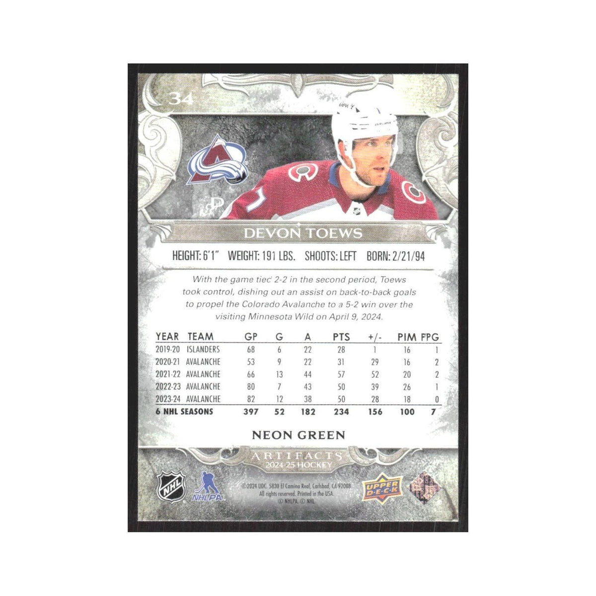 2024 Upper Deck Artifacts Devon Toews Colorado Avalanche #34