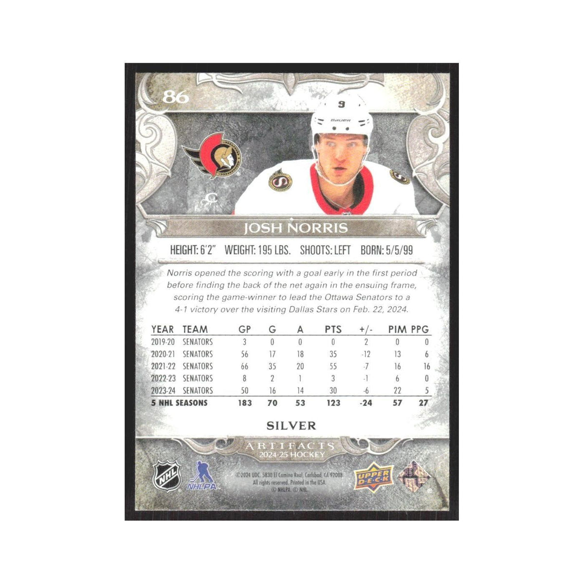 2024 Upper Deck Artifacts Josh Norris Ottawa Senators #86