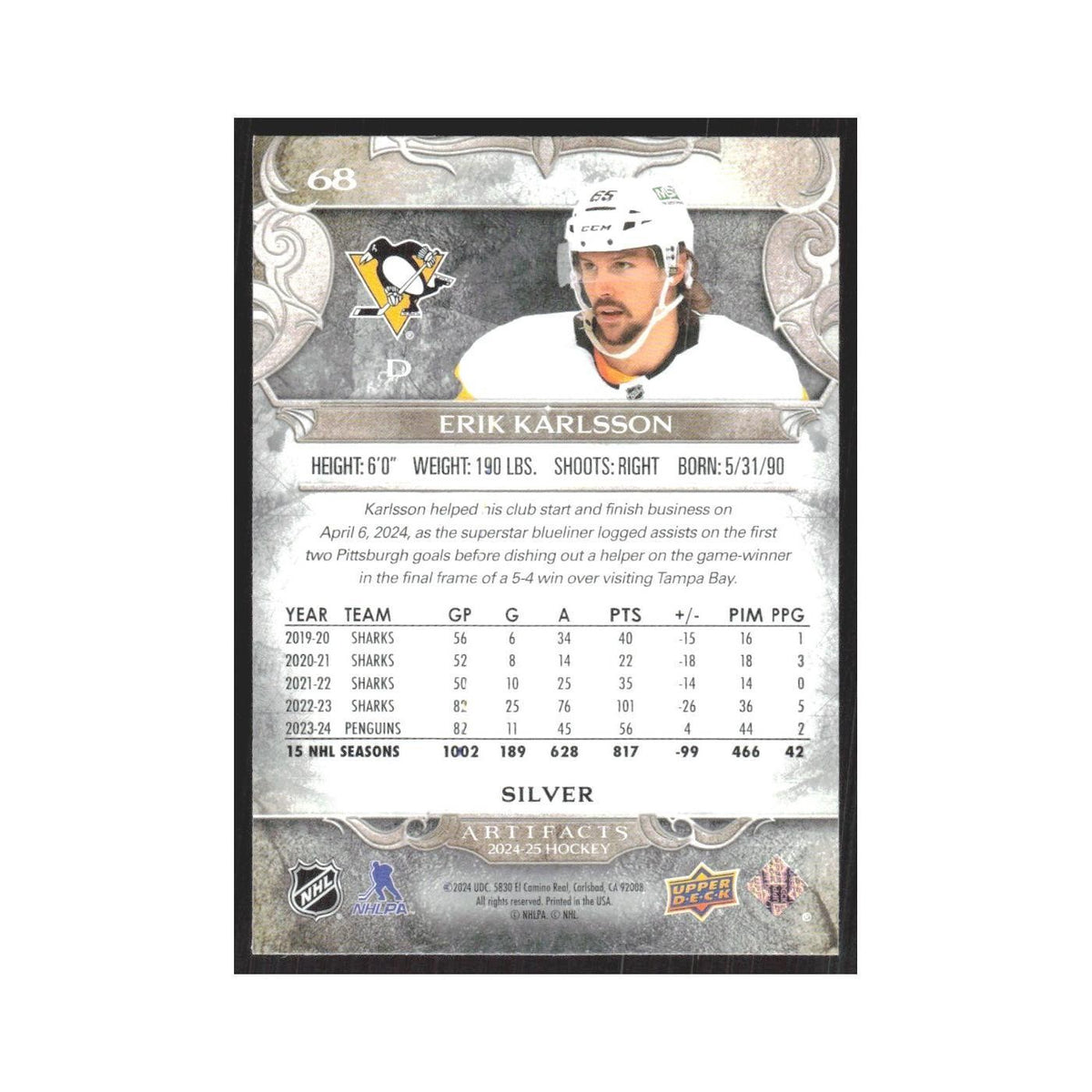 2024 Upper Deck Artifacts Erik Karlsson Pittsburgh Penguins #68