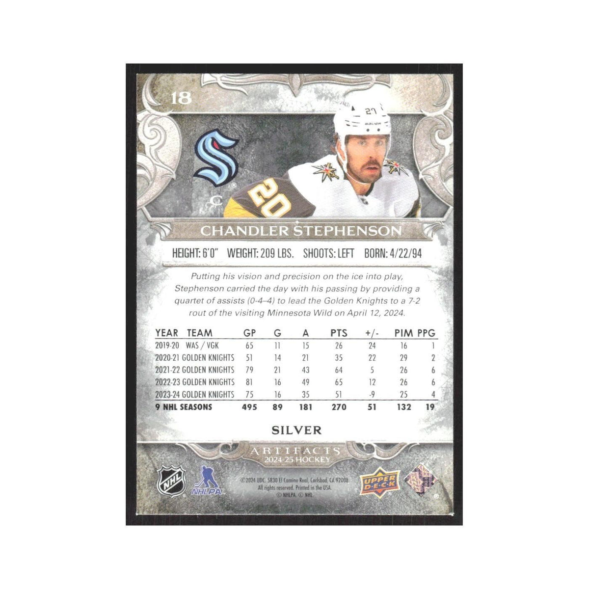 2024 Upper Deck Artifacts Chandler Stephenson Seattle Kraken #18