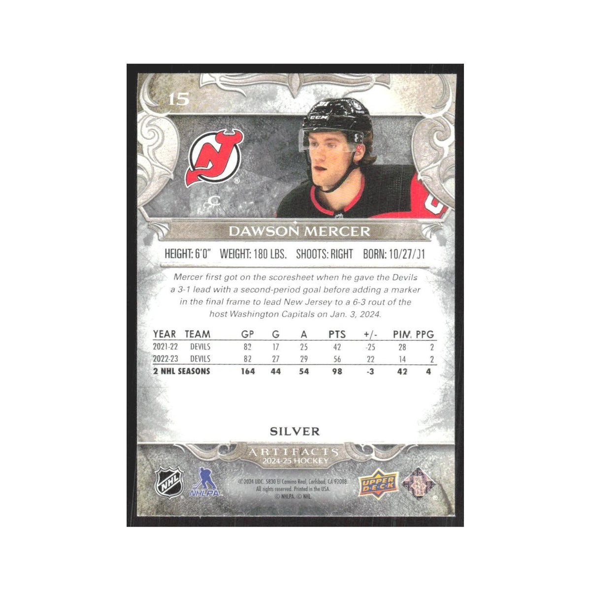2024 Upper Deck Artifacts Dawson Mercer New Jersey Devils #15