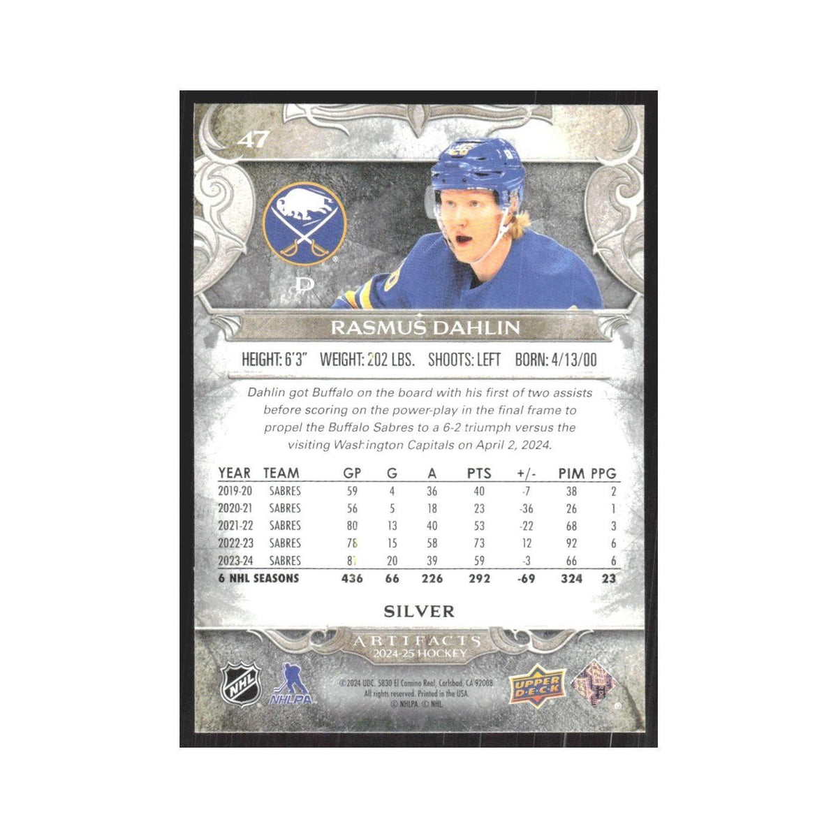 2023 Upper Deck Artifacts Rasmus Dahlin Buffalo Sabres #47