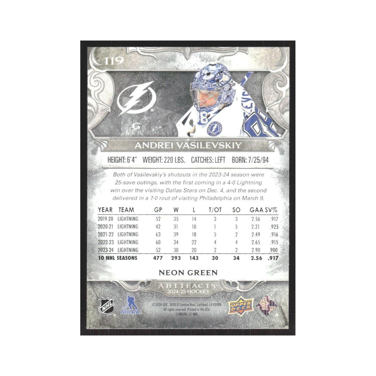 2024 Upper Deck Artifacts Andrei Vasilevskiy Tampa Bay Lightning #119