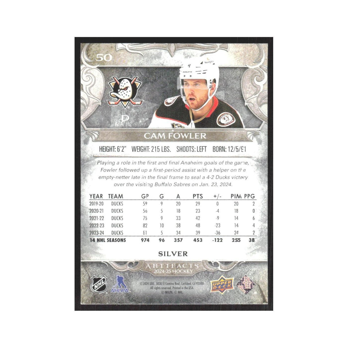 2024 Upper Deck Artifacts Cam Fowler Anaheim Ducks #50