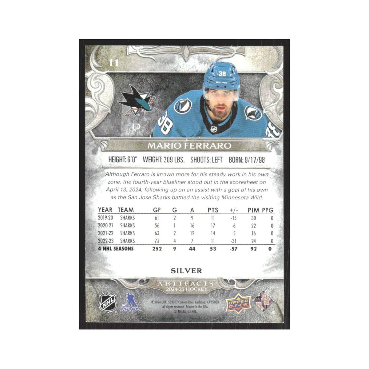 2024 Upper Deck Artifacts Mario Ferraro San Jose Sharks #11