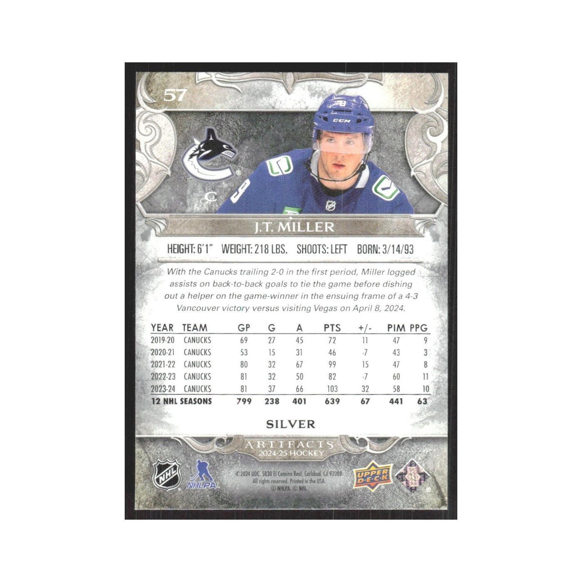 2024 Upper Deck Artifacts J.T. Miller Vancouver Canucks #57