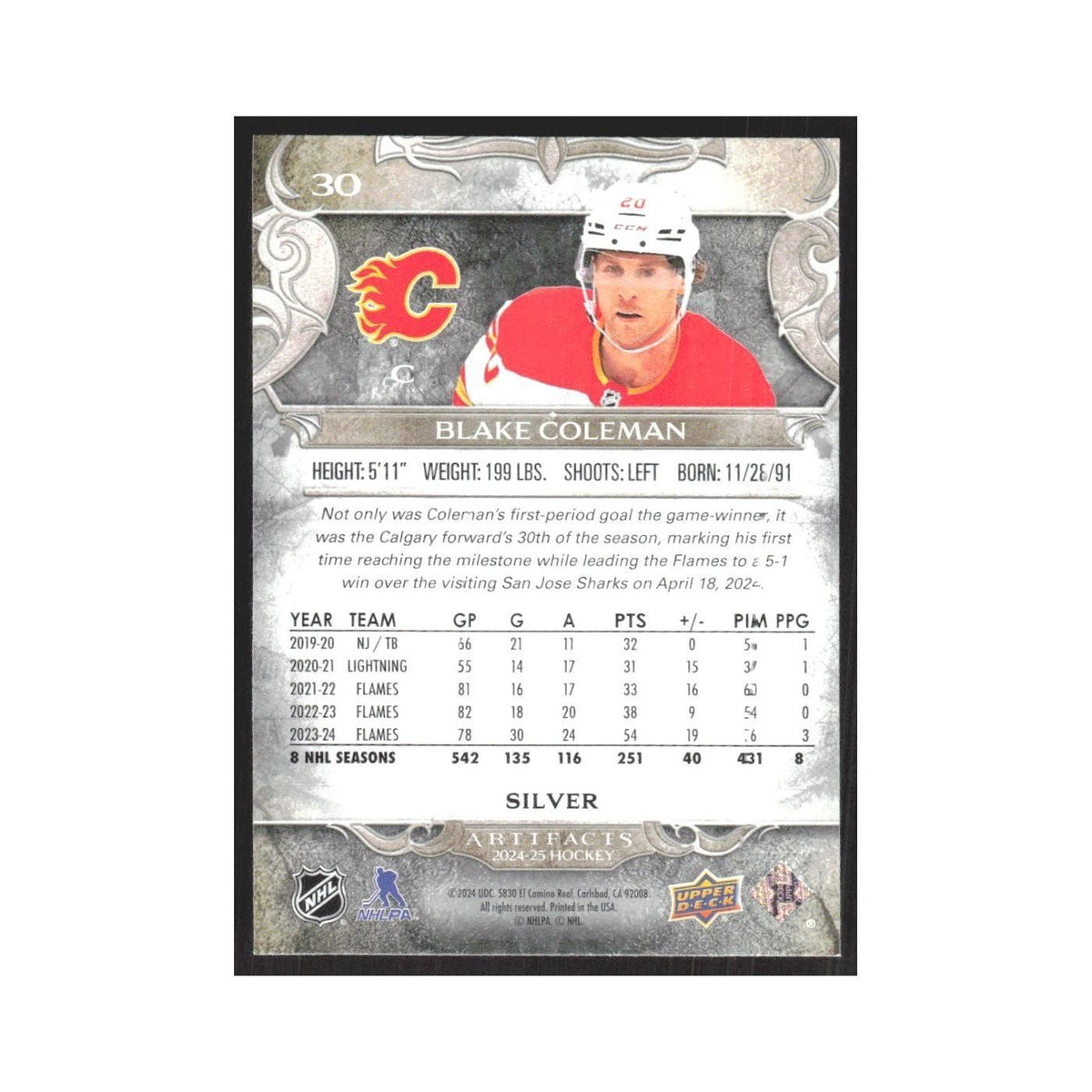 2024 Upper Deck Artifacts Blake Coleman Calgary Flames #30