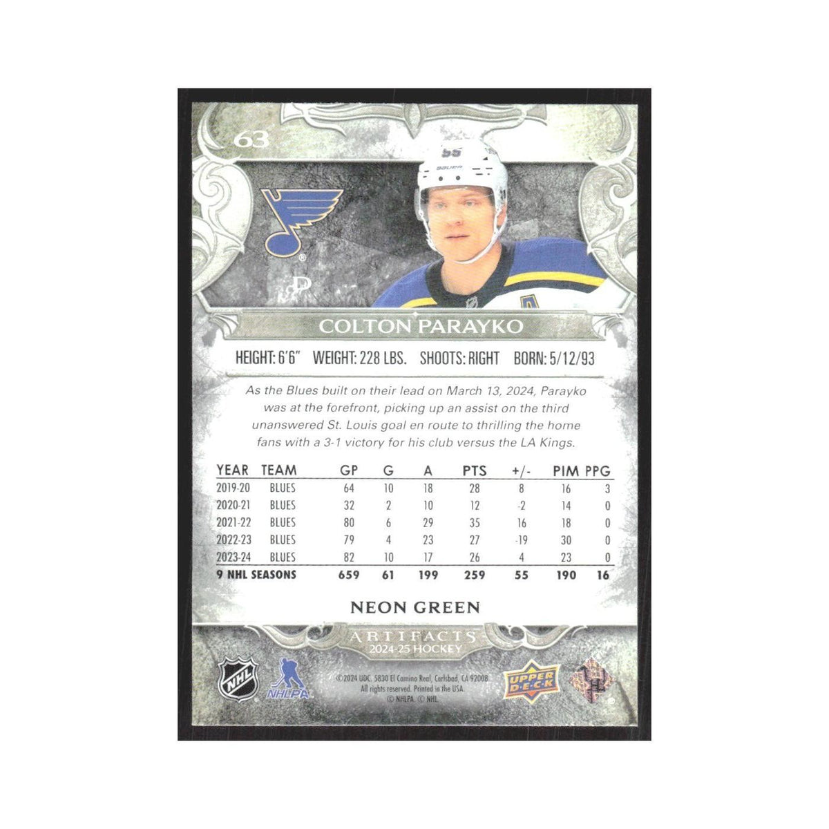 2024 Upper Deck Artifacts Colton Parayko St. Louis Blues #63