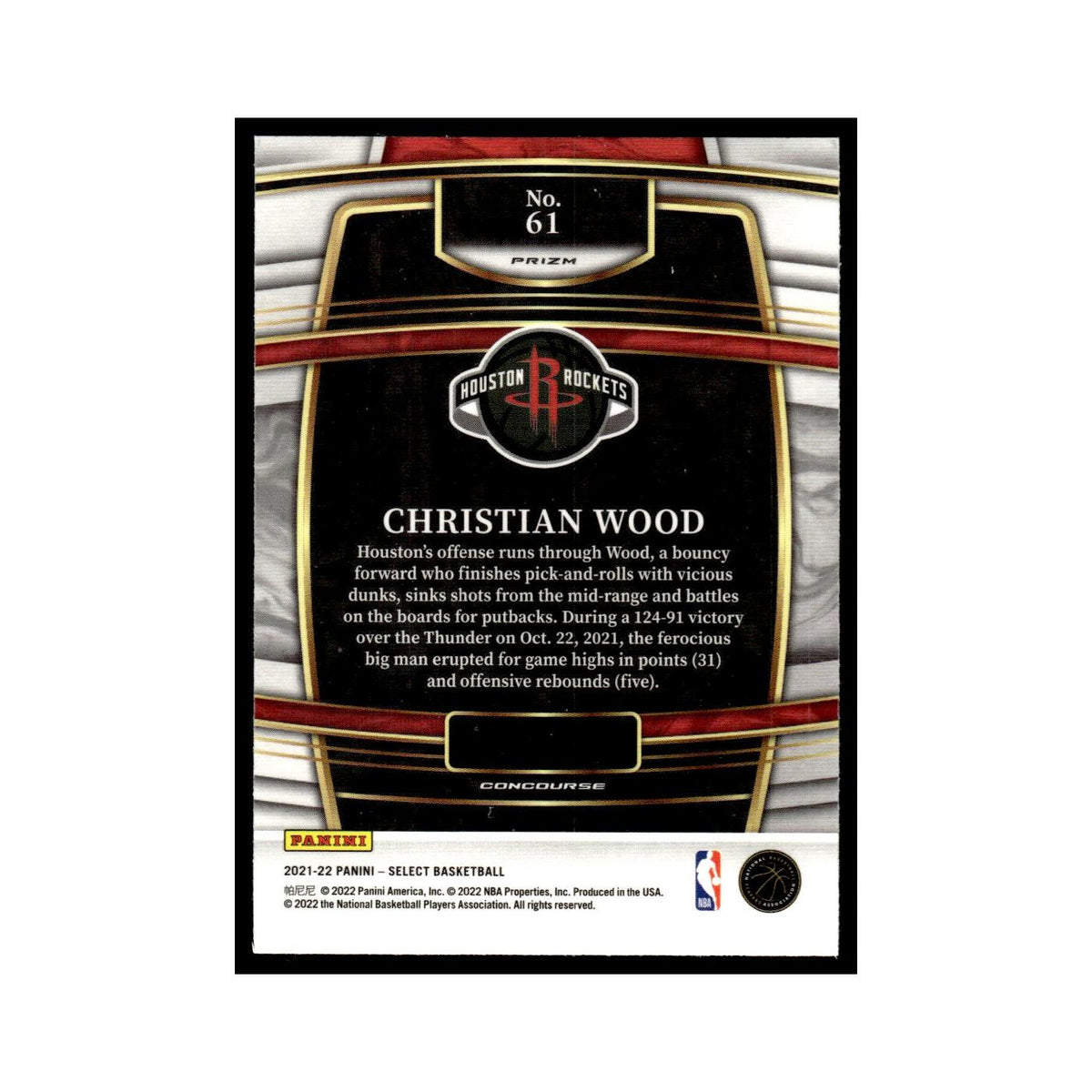Christian Wood 2021 Panini Select #61 Houston Rockets Basketball Card NM