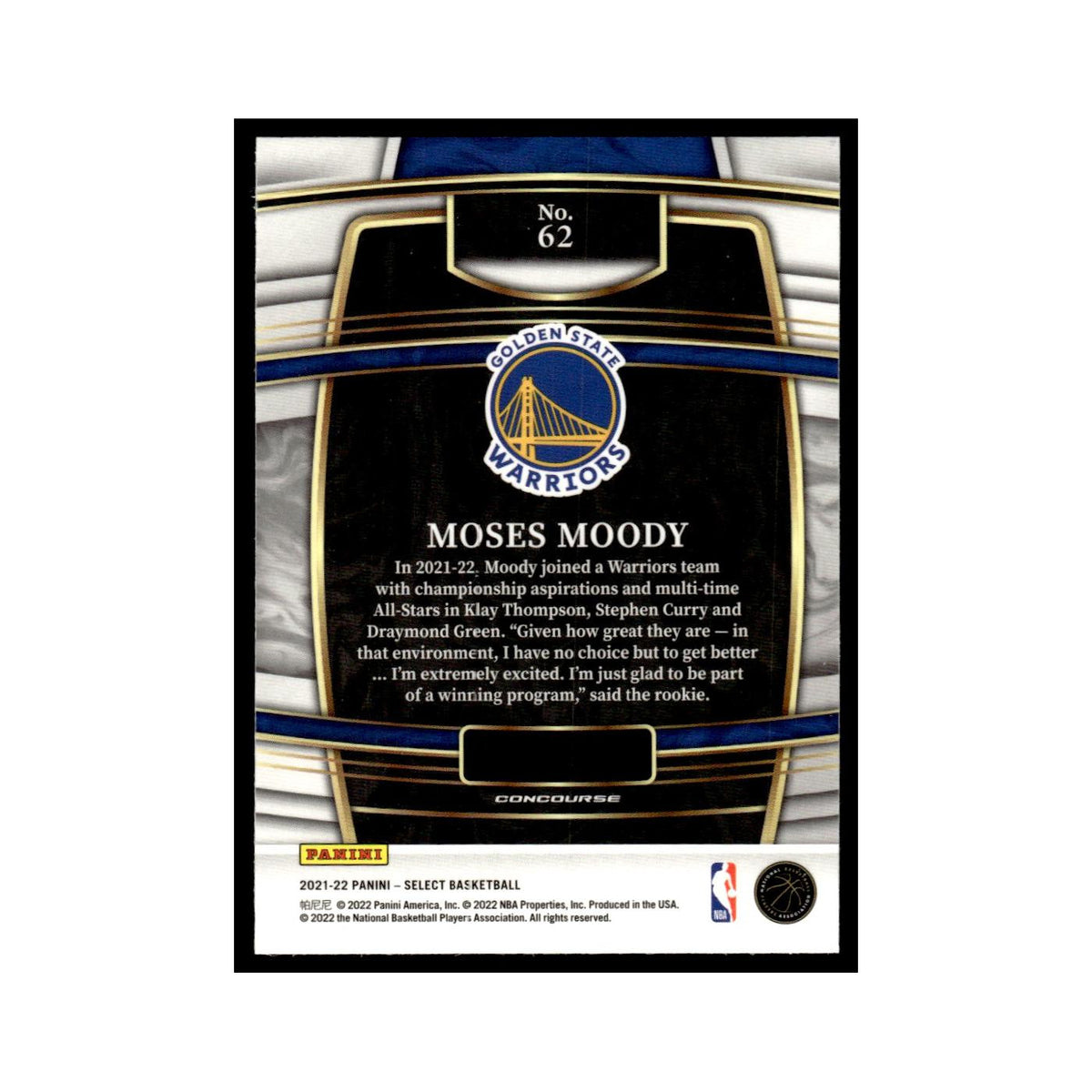 Moses Moody 2021 Panini Select #62 Golden State Warriors Basketball Card NM
