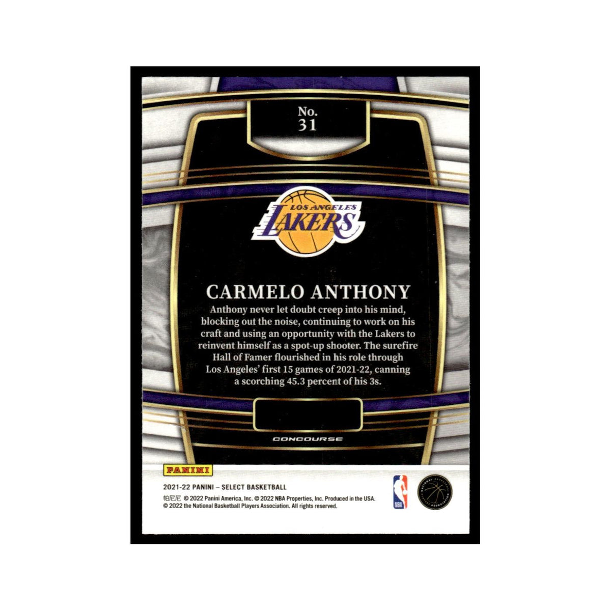 Carmelo Anthony 2021 Panini Select #31 Los Angeles Lakers Basketball Card NM