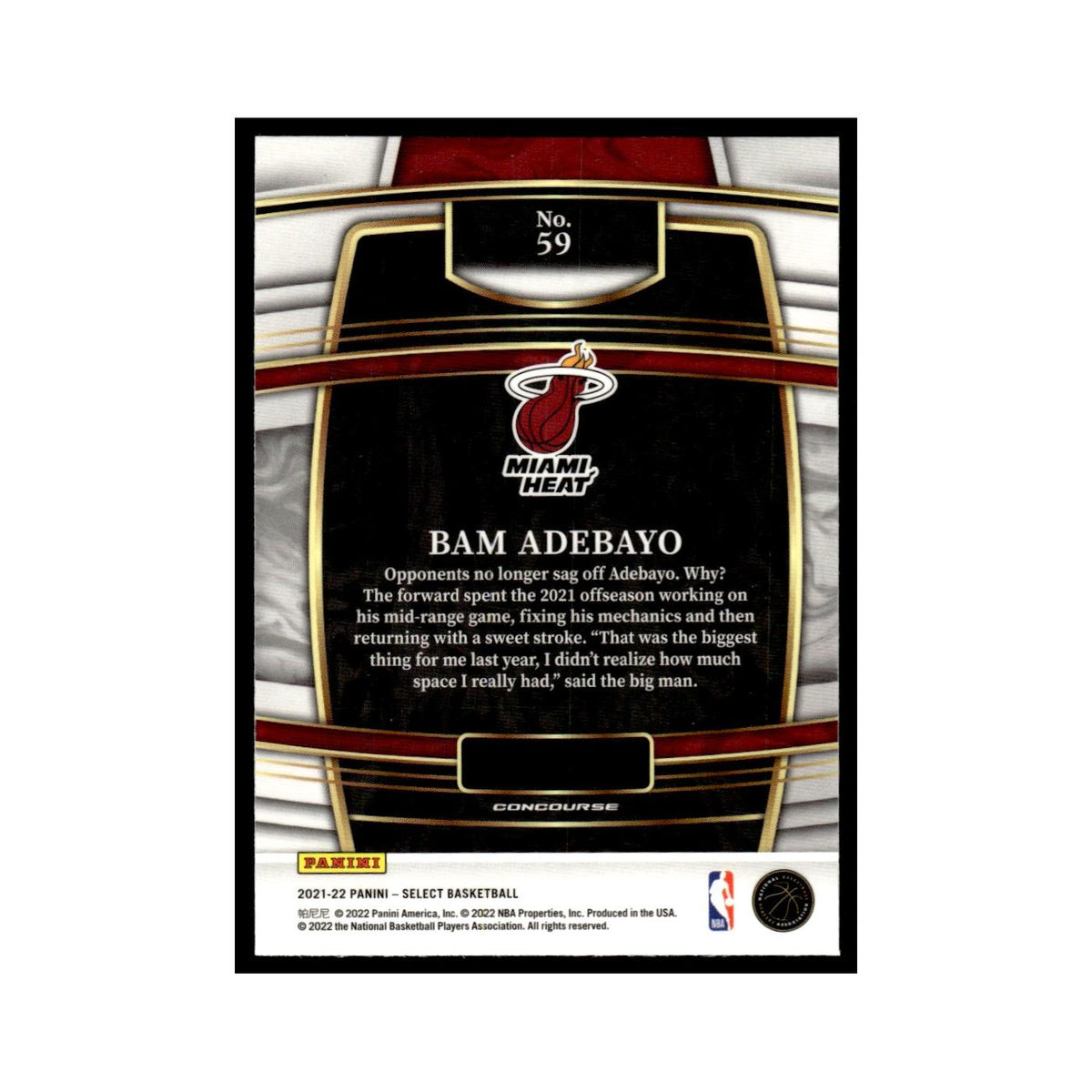 Bam Adebayo 2021 Panini Select #59 Miami Heat Basketball Card NM