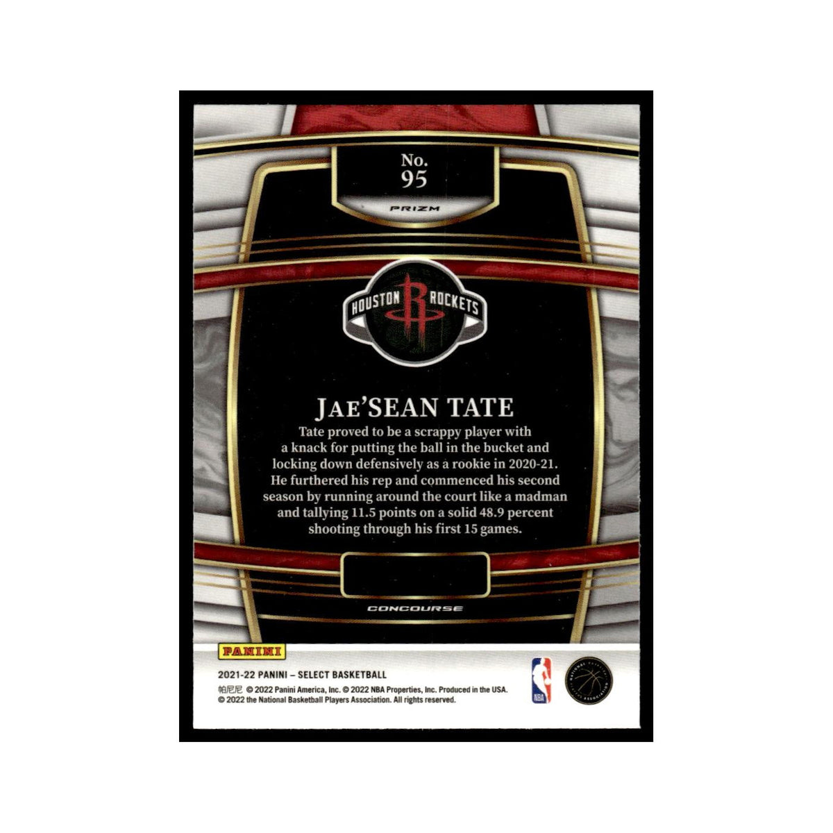 Jae'Sean Tate 2021 Panini Select #95 Houston Rockets Basketball Card NM