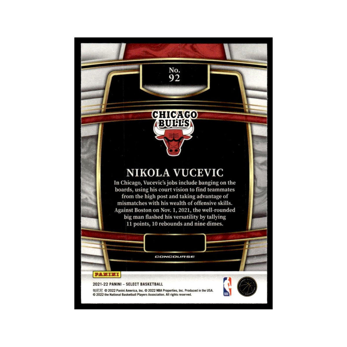Nikola Vucevic 2021 Panini Select #92 Chicago Bulls Basketball Card NM