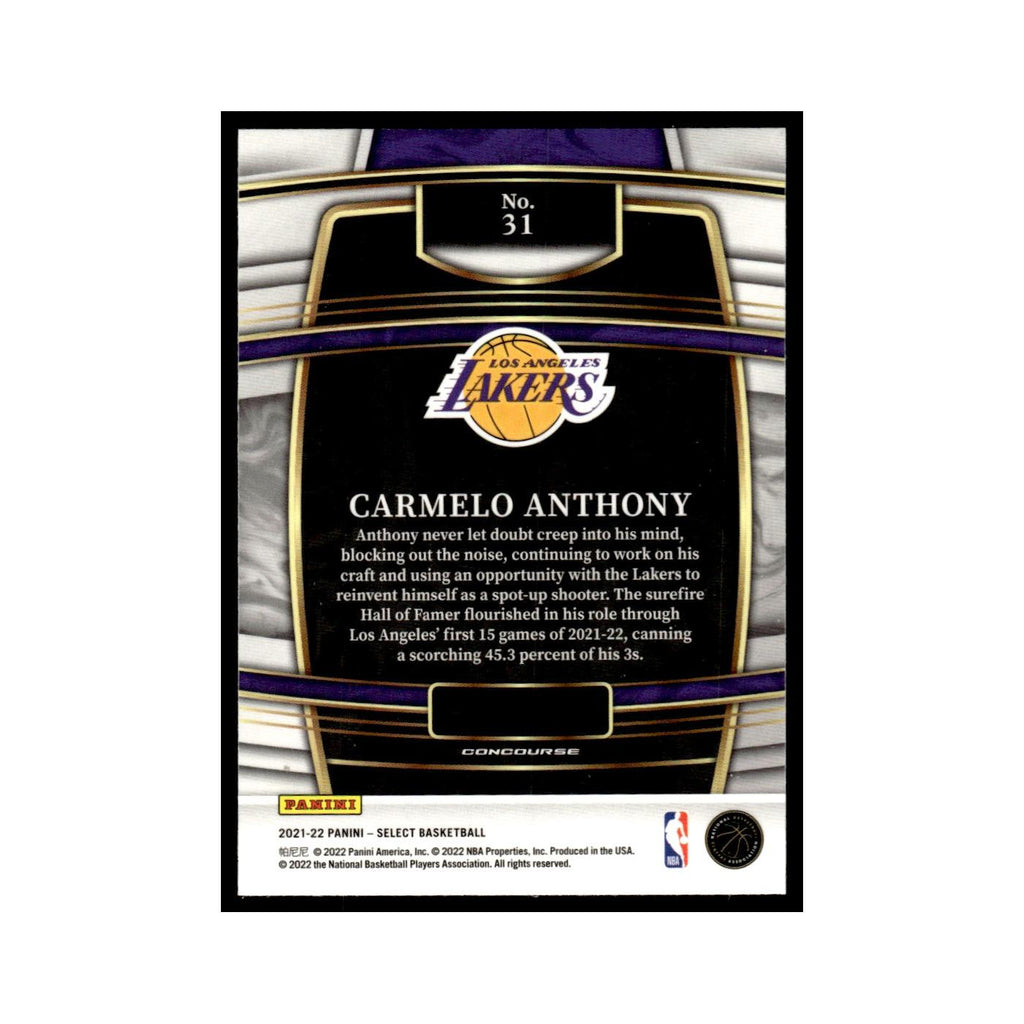 Carmelo Anthony 2021 Panini Select #31 Los Angeles Lakers Basketball Card NM
