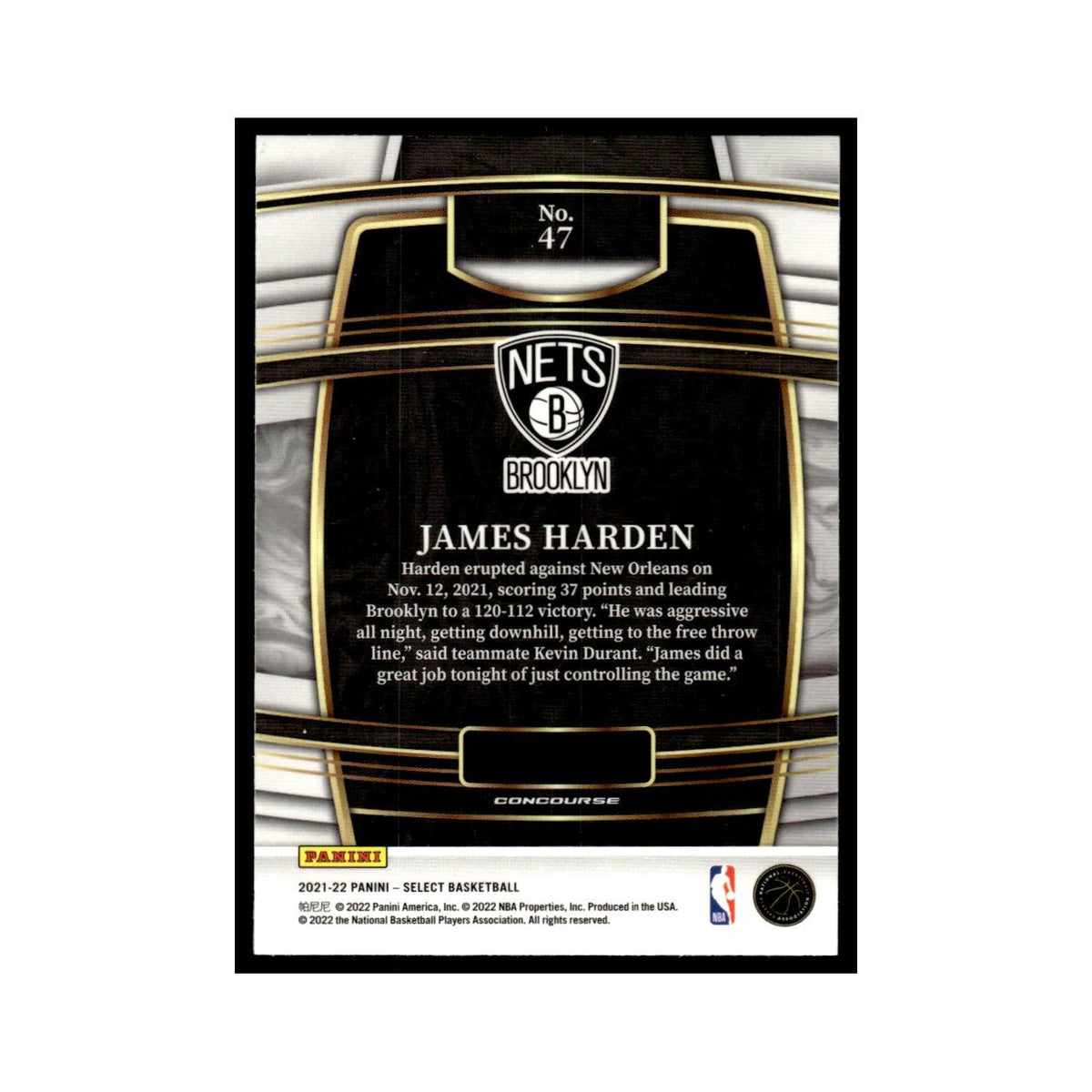 James Harden 2021 Panini Select #47 Brooklyn Nets Basketball Card NM