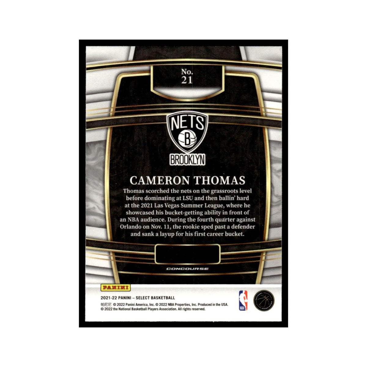 Cameron Thomas 2021 Panini Select #21 Brooklyn Nets Basketball Card NM