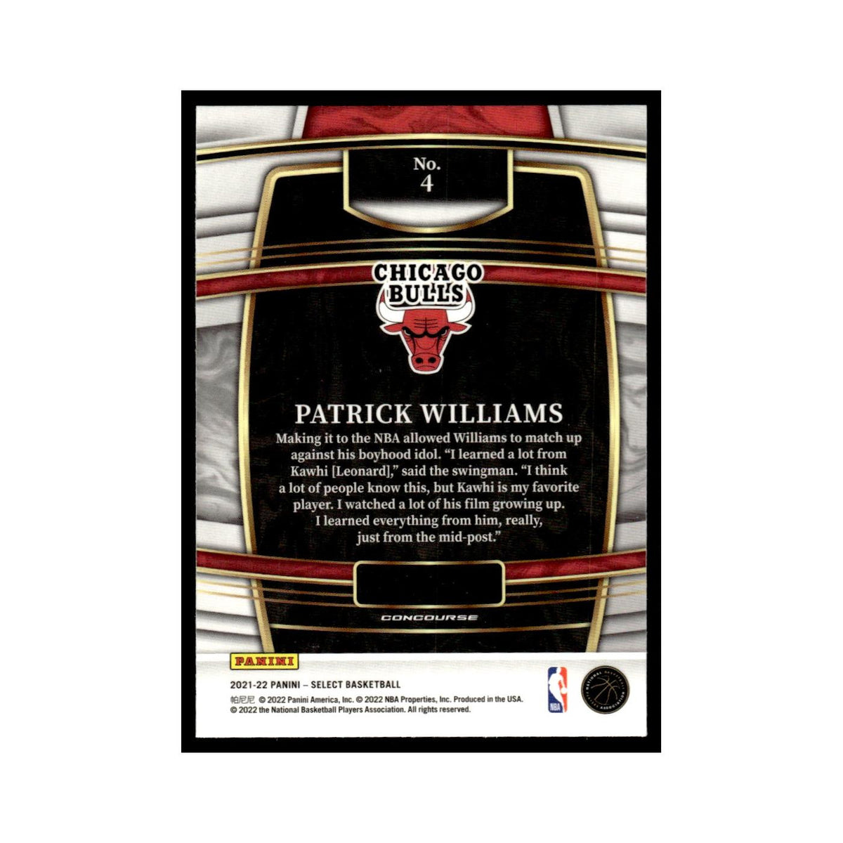 Patrick Williams 2021 Panini Select #4 Chicago Bulls Basketball Card NM