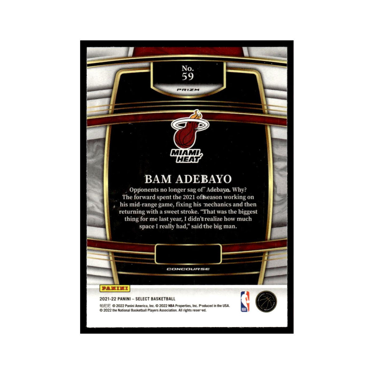 Bam Adebayo 2021 Panini Select #59 Miami Heat Basketball Card NM