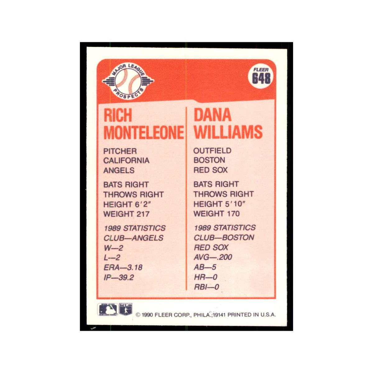 1990 Fleer Rich Monteleone/Dana Williams Baseball Cards #648