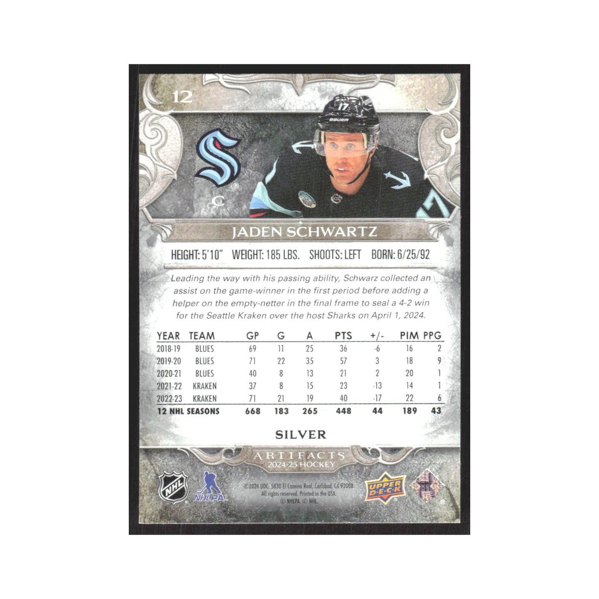 2024 Upper Deck Artifacts Jaden Schwartz Seattle Kraken #12