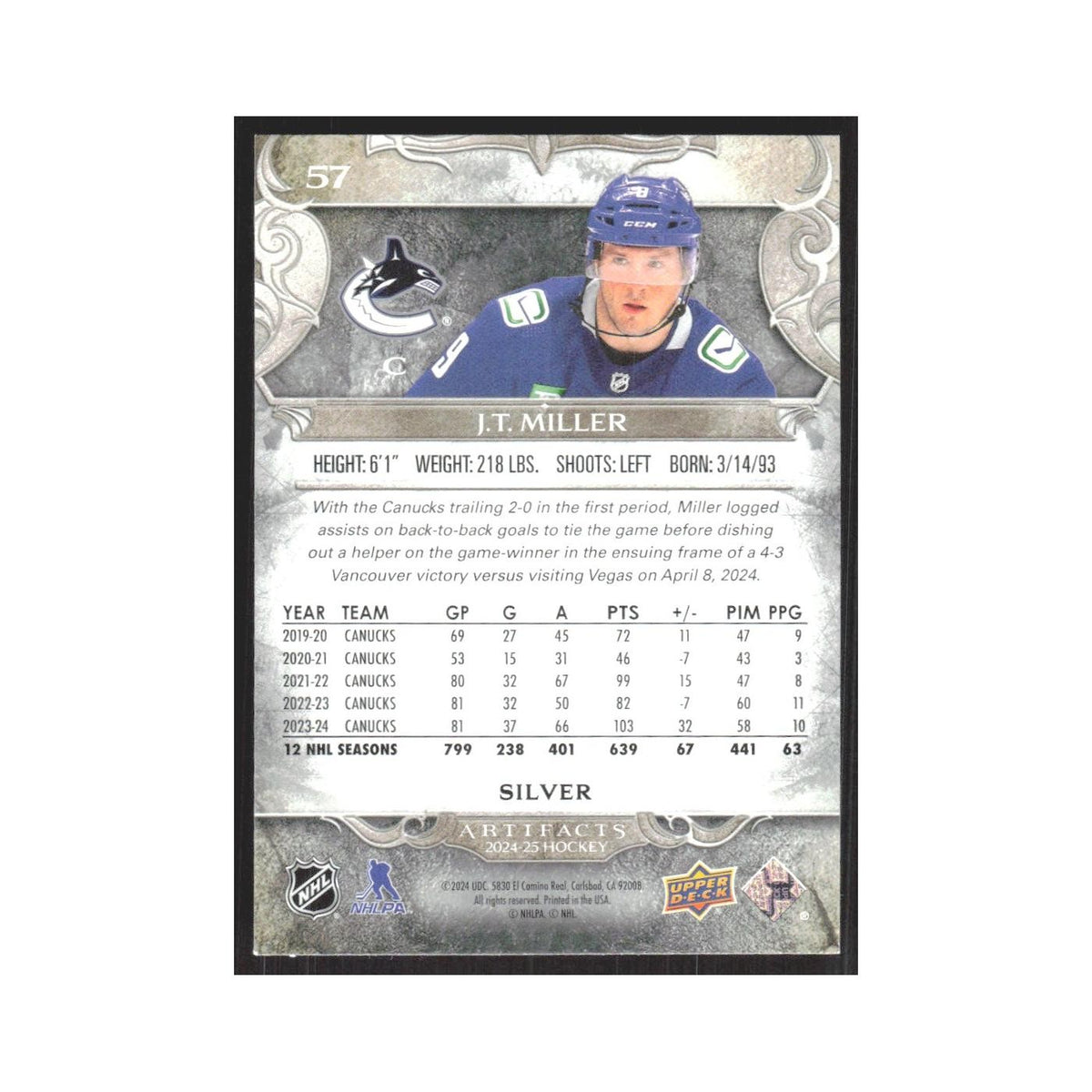 2024 Upper Deck Artifacts J.T. Miller Vancouver Canucks #57