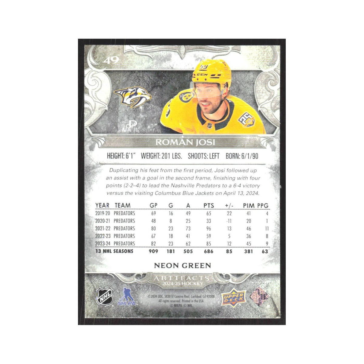 2024 Upper Deck Artifacts Roman Josi Nashville Predators #49
