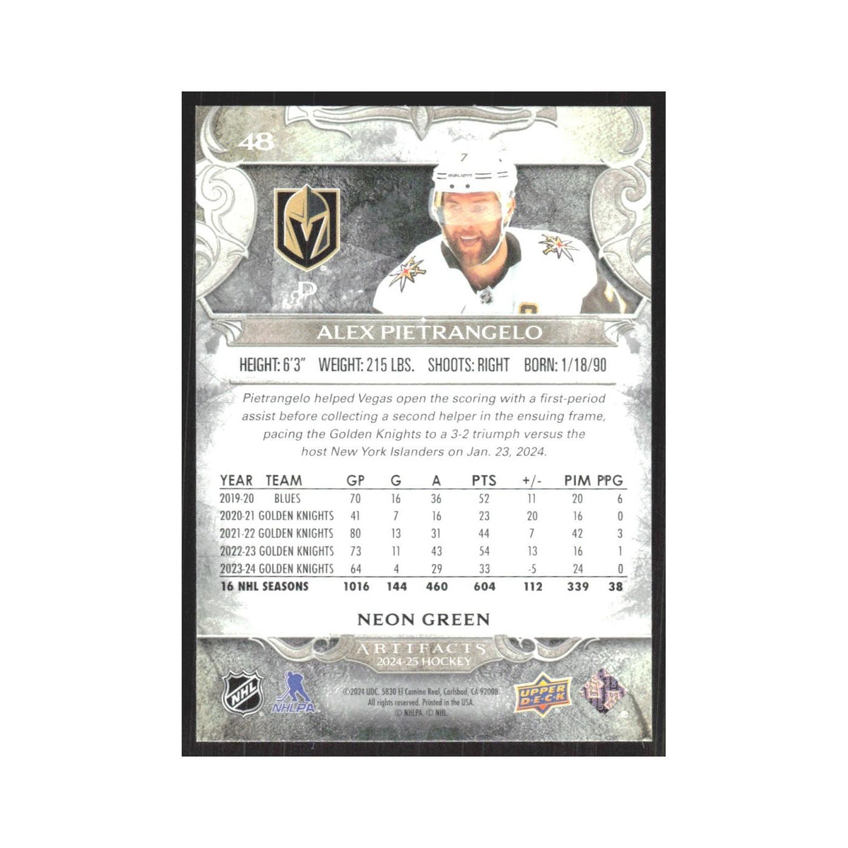 2024 Upper Deck Artifacts Alex Pietrangelo Vegas Golden Knights #48