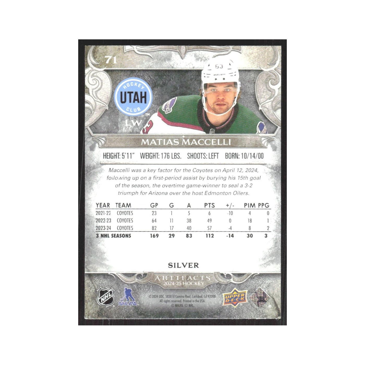 2024 Upper Deck Artifacts Matias Maccelli Arizona Coyotes #71