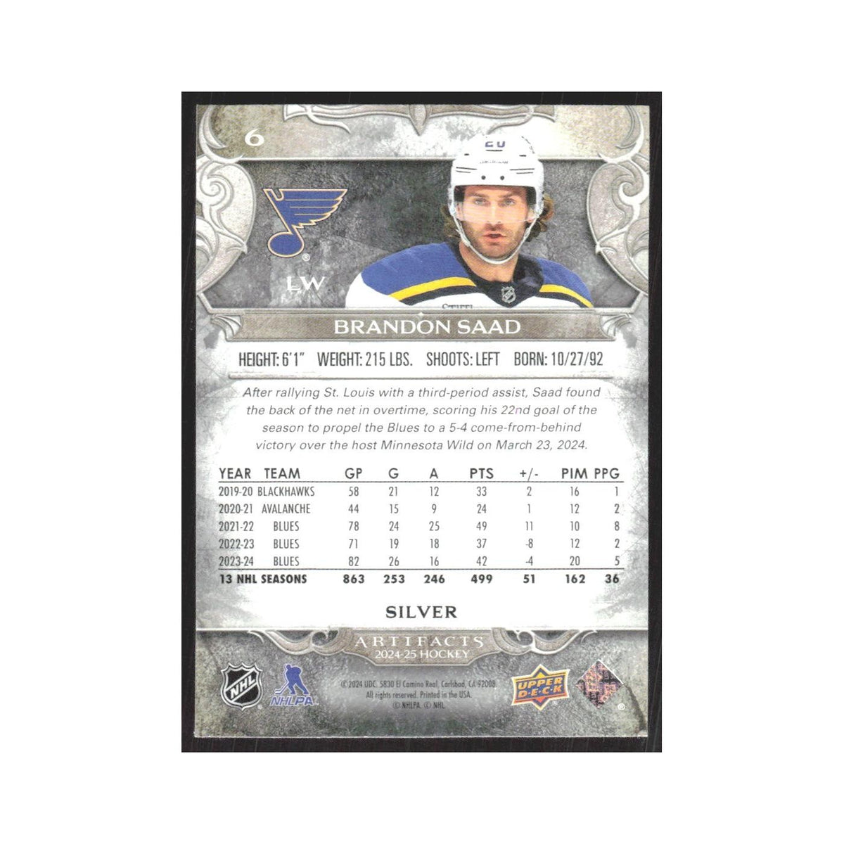 2024 Upper Deck Artifacts Brandon Saad St. Louis Blues #6