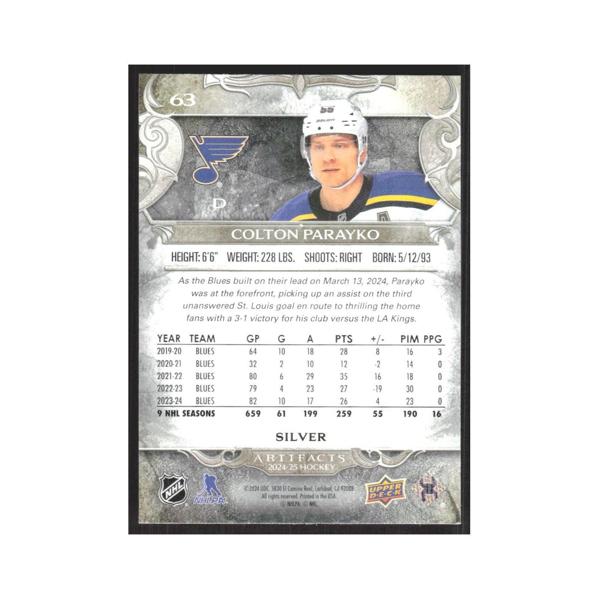 2024 Upper Deck Artifacts Colton Parayko St. Louis Blues #63