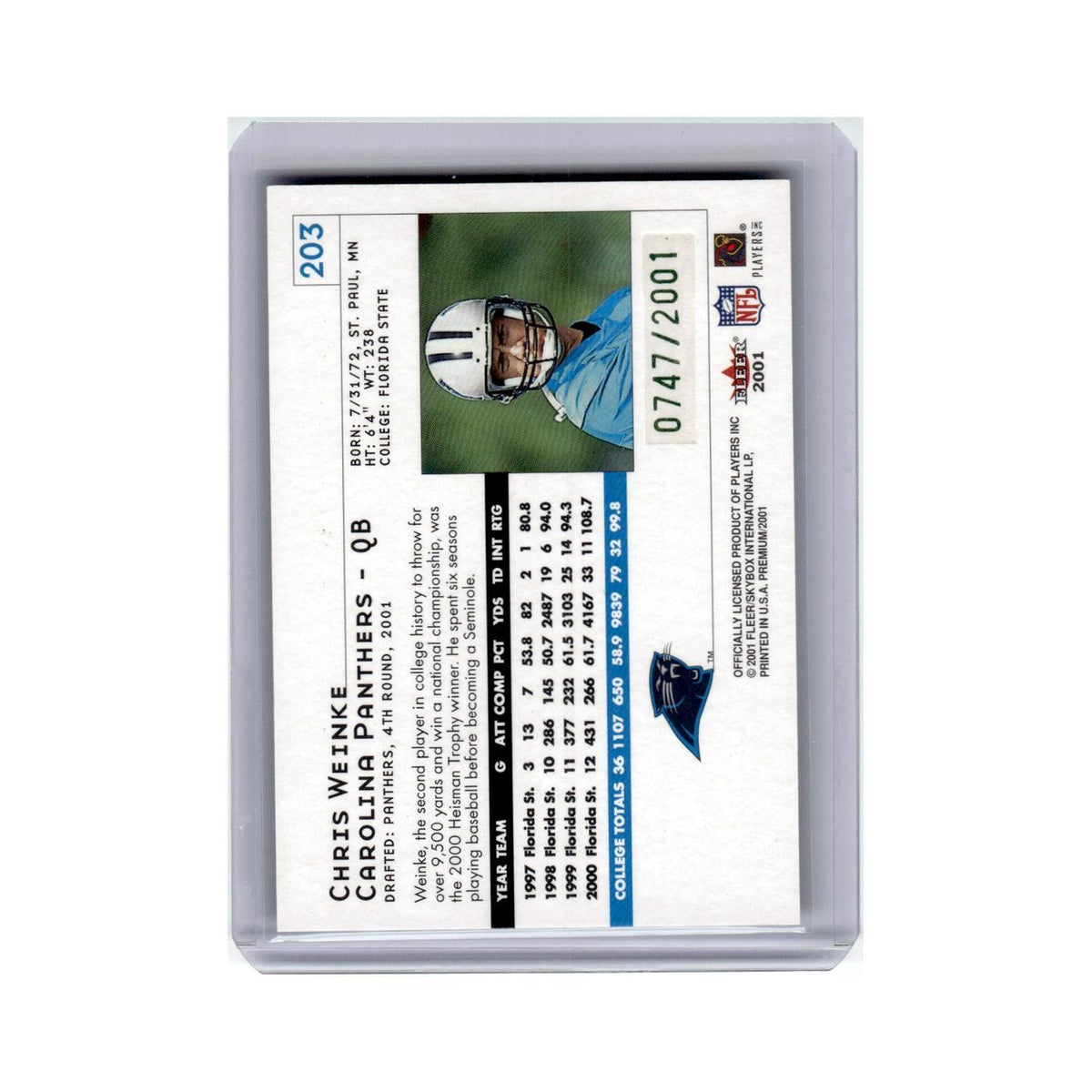 Chris Weinke #/2001 2001 Fleer Premium Rookie #203 Carolina Panthers NM