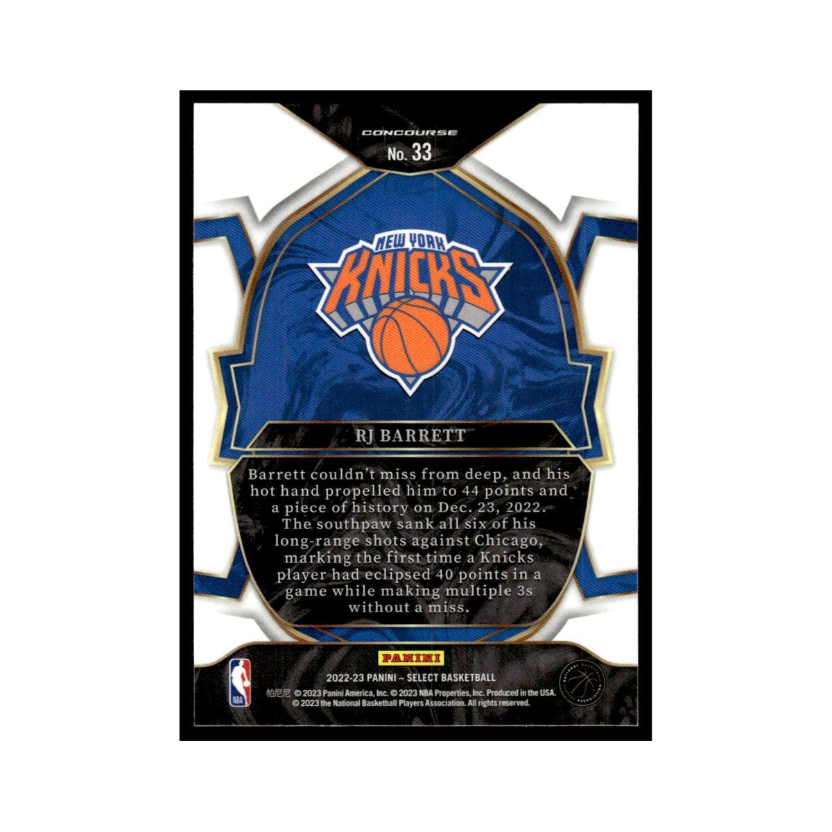 RJ Barrett 2022 Panini Select #33 New York Knicks Basketball Card NM