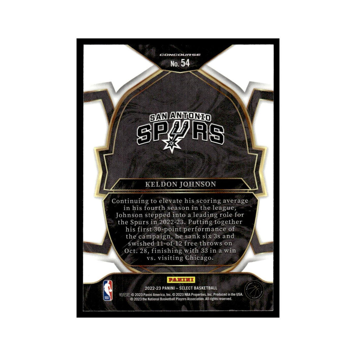 Keldon Johnson 2022 Panini Select #54 San Antonio Spurs Basketball Card NM