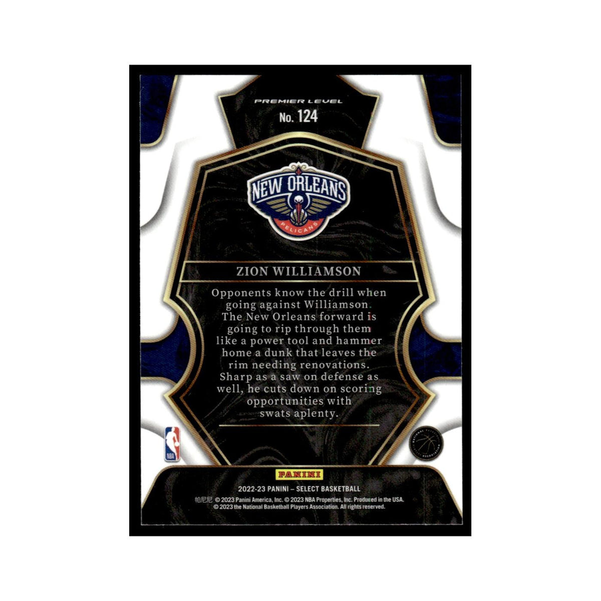 Zion Williamson 2022 Panini Select #124 New Orleans Pelicans Basketball Card NM