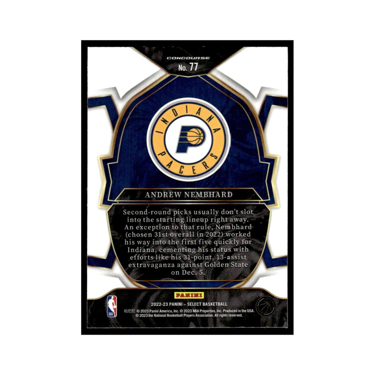 Andrew Nembhard Rookie 2022 Panini Select #77 Indiana Pacers Basketball Card NM