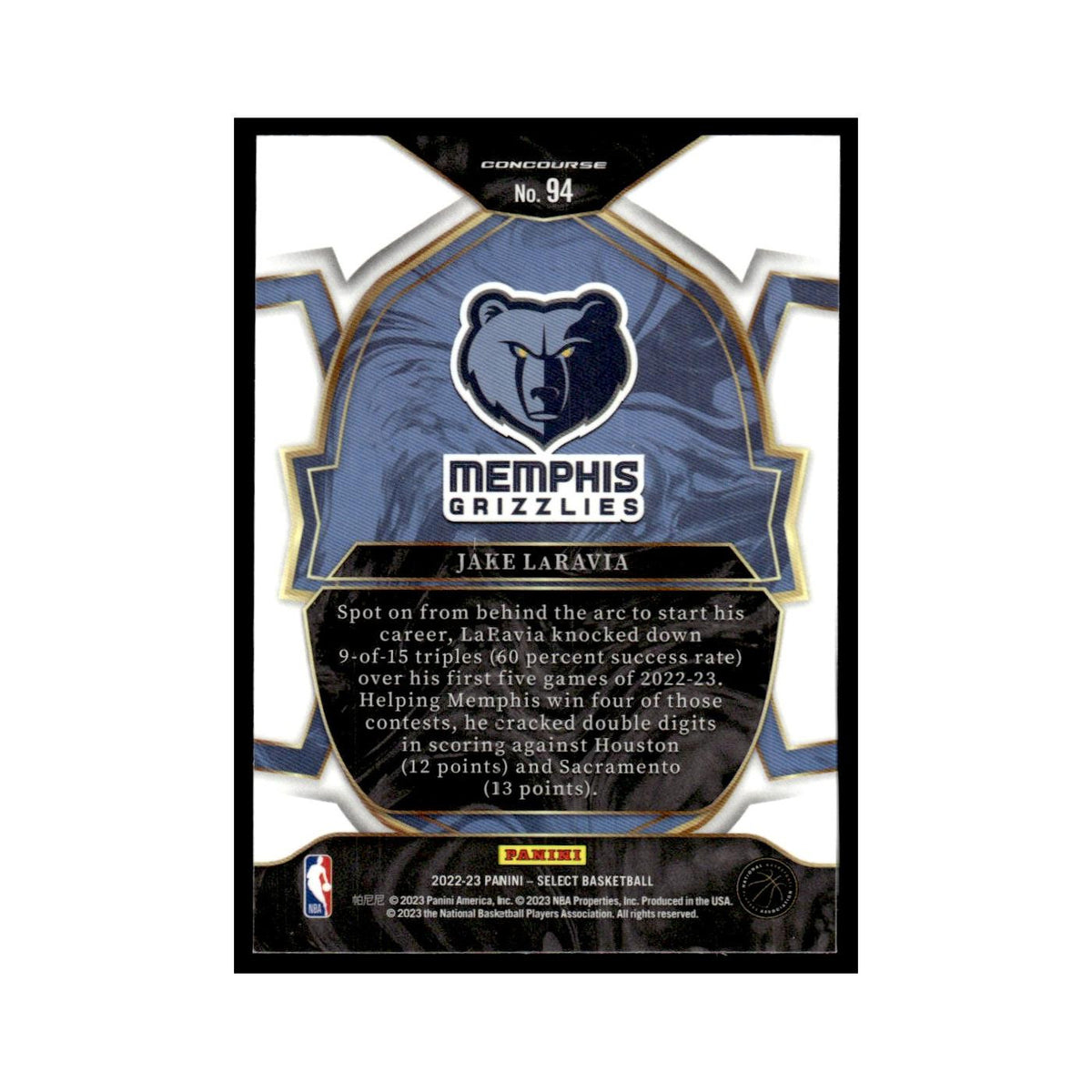 Jake LaRavia 2022 Panini Select #94 Memphis Grizzlies Basketball Card NM